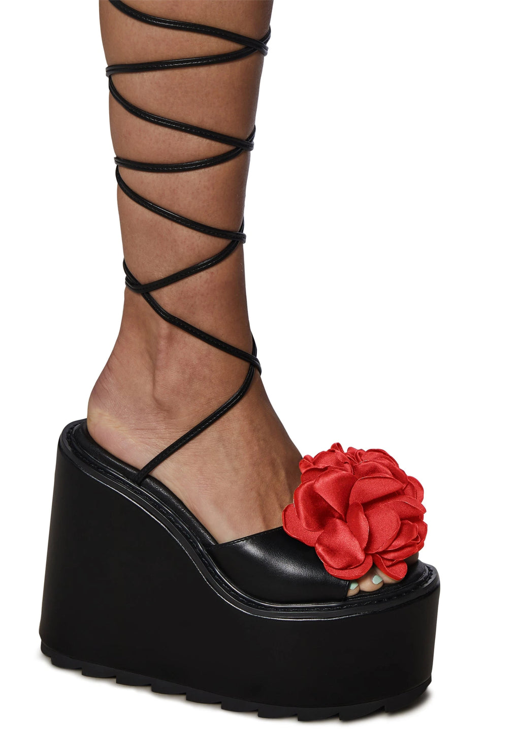 Floral Lace-Up Platform Wedge Sandals - Black