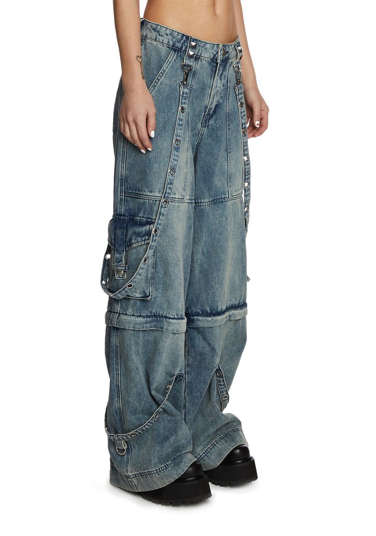Convertible Wide Leg Cargo Jeans - Blue
