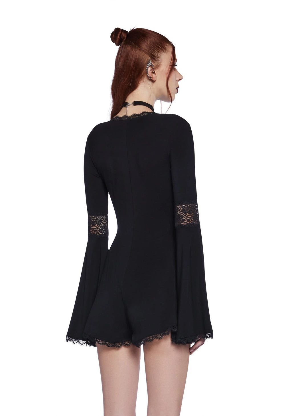 Lace Panel Bell Sleeve Romper - Black