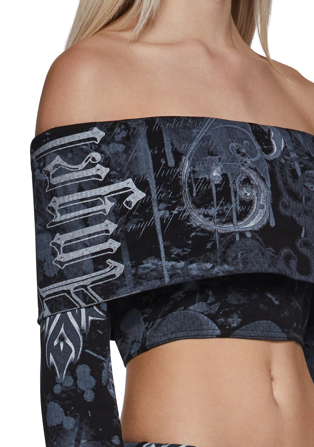Printed Off-Shoulder Long-Sleeve Crop Top - Black