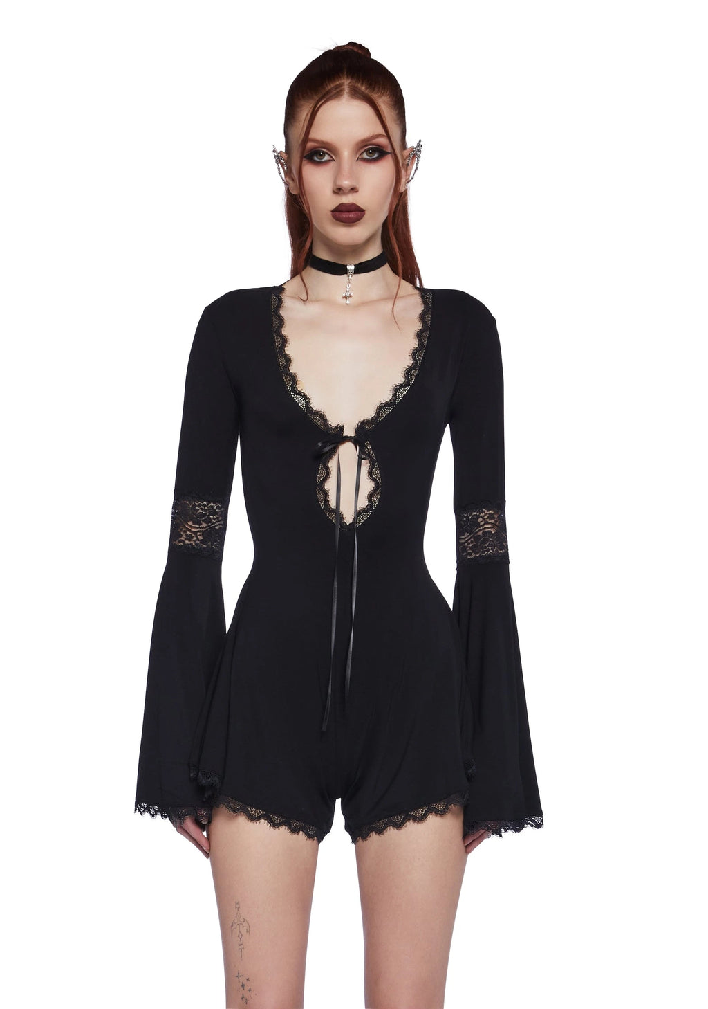 Lace Panel Bell Sleeve Romper - Black