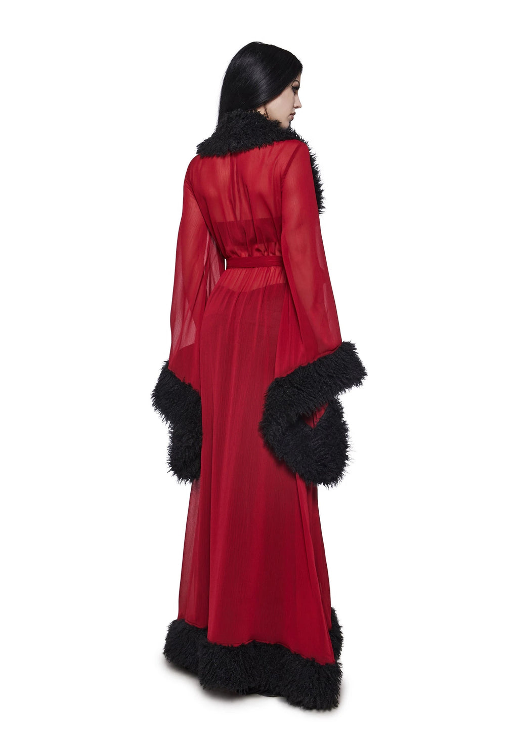 Sheer Faux Fur Trim Maxi Robe - Dark Red