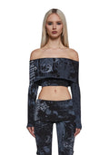 Printed Off-Shoulder Long-Sleeve Crop Top - Black