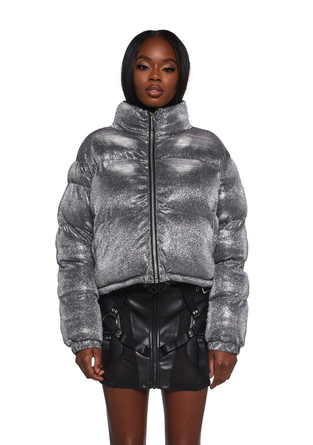 Sparkly Cropped Puffer Jacket - Silver