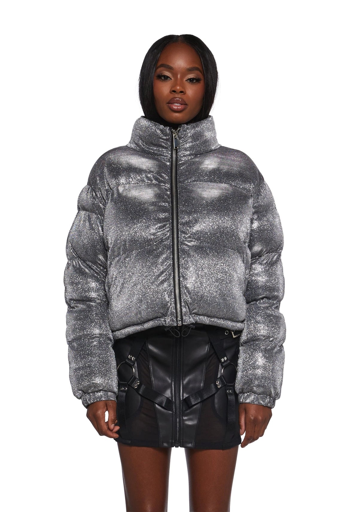 Sparkly Cropped Puffer Jacket - Silver