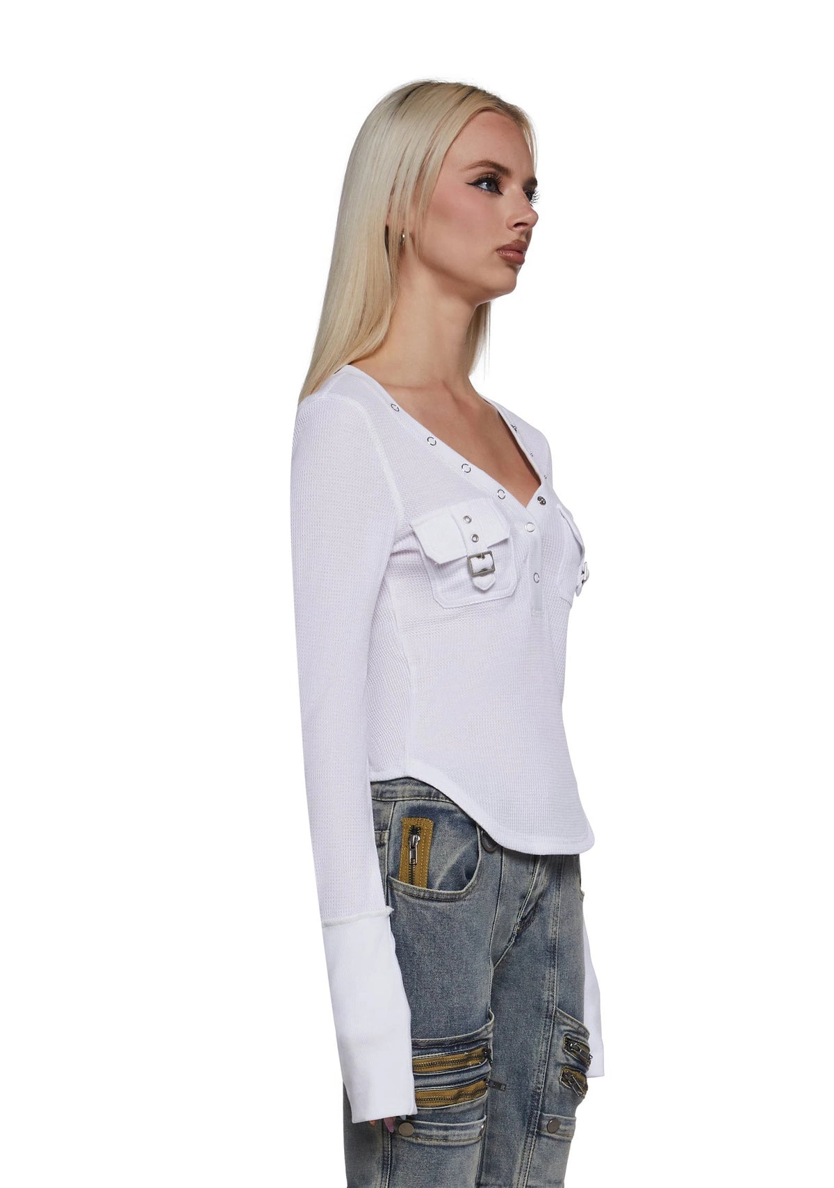 Waffle Knit Cargo Pocket Crop Top - White