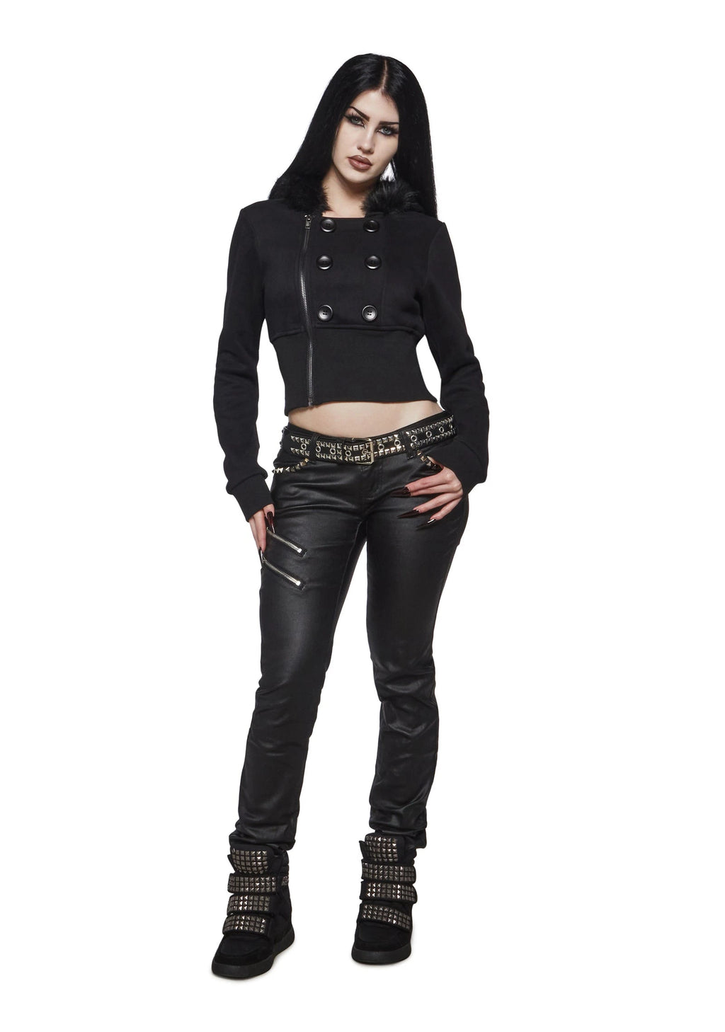 Cropped Fleece Jacket With Faux Fur Hood - Black