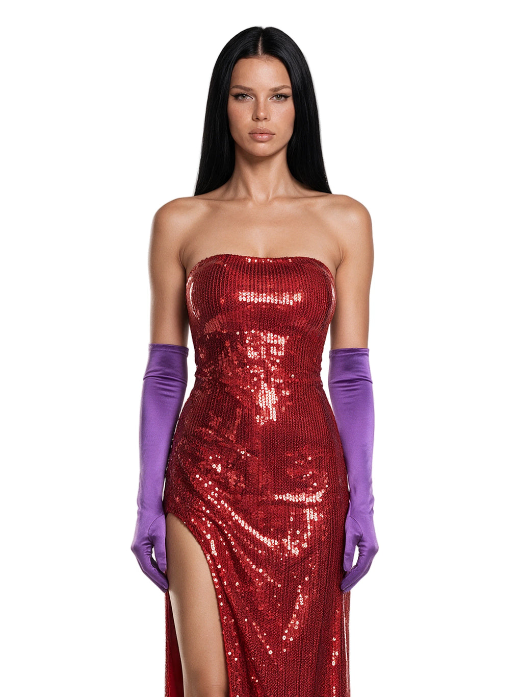 Sequin Column Gown Costume With Gloves - Red