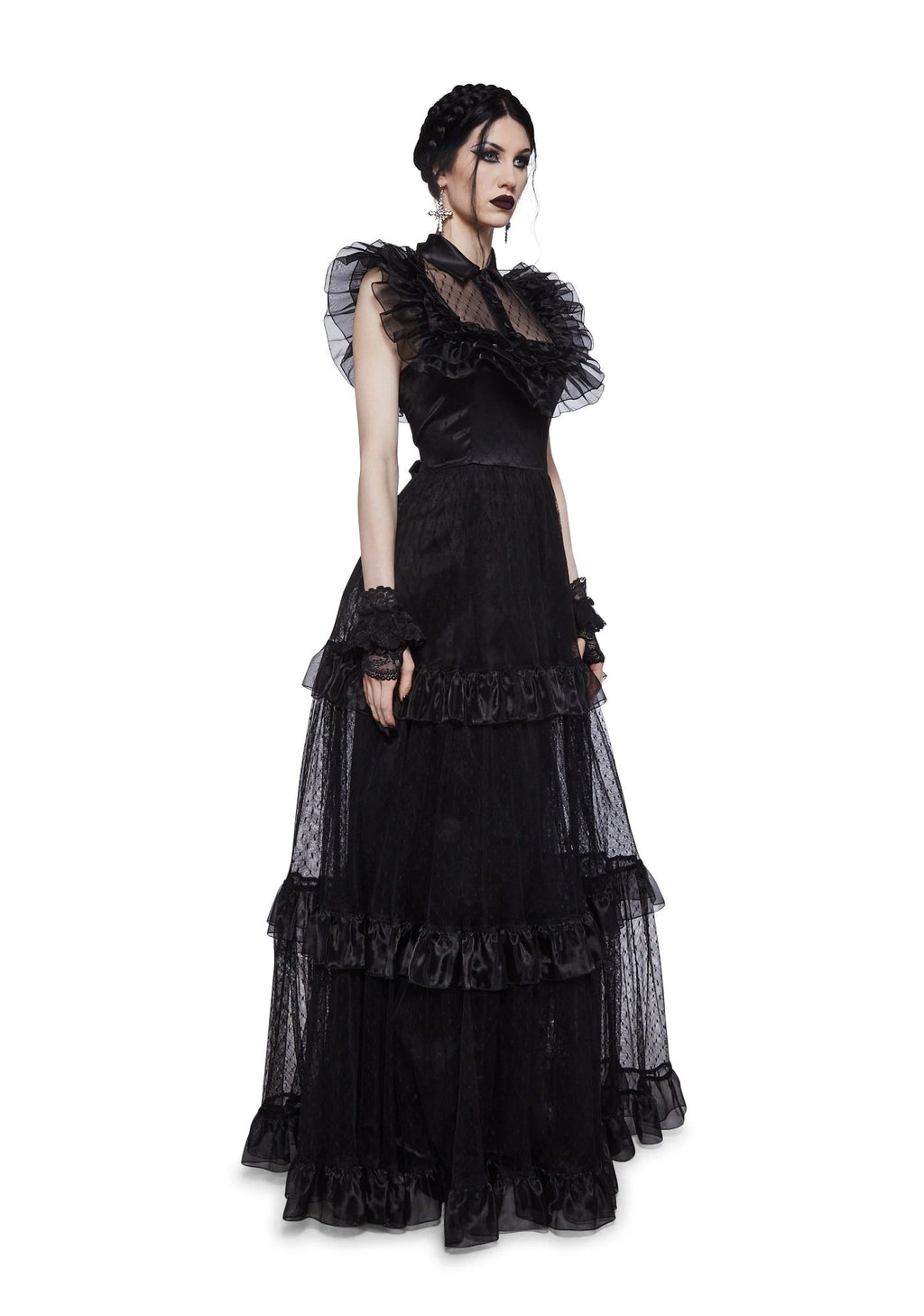 Celestial Print Ruffled Maxi Dress - Black
