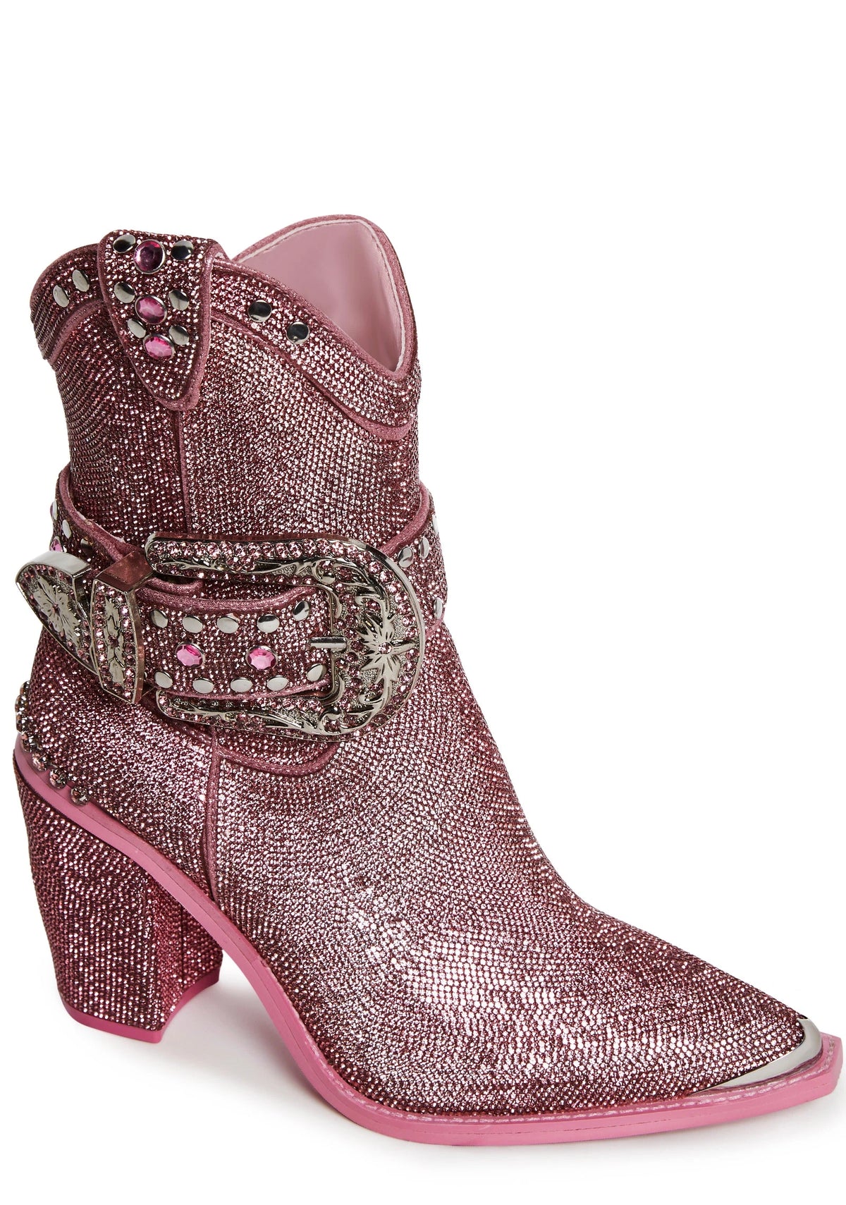 Rhinestone Western Boots With Buckle Straps - Pink