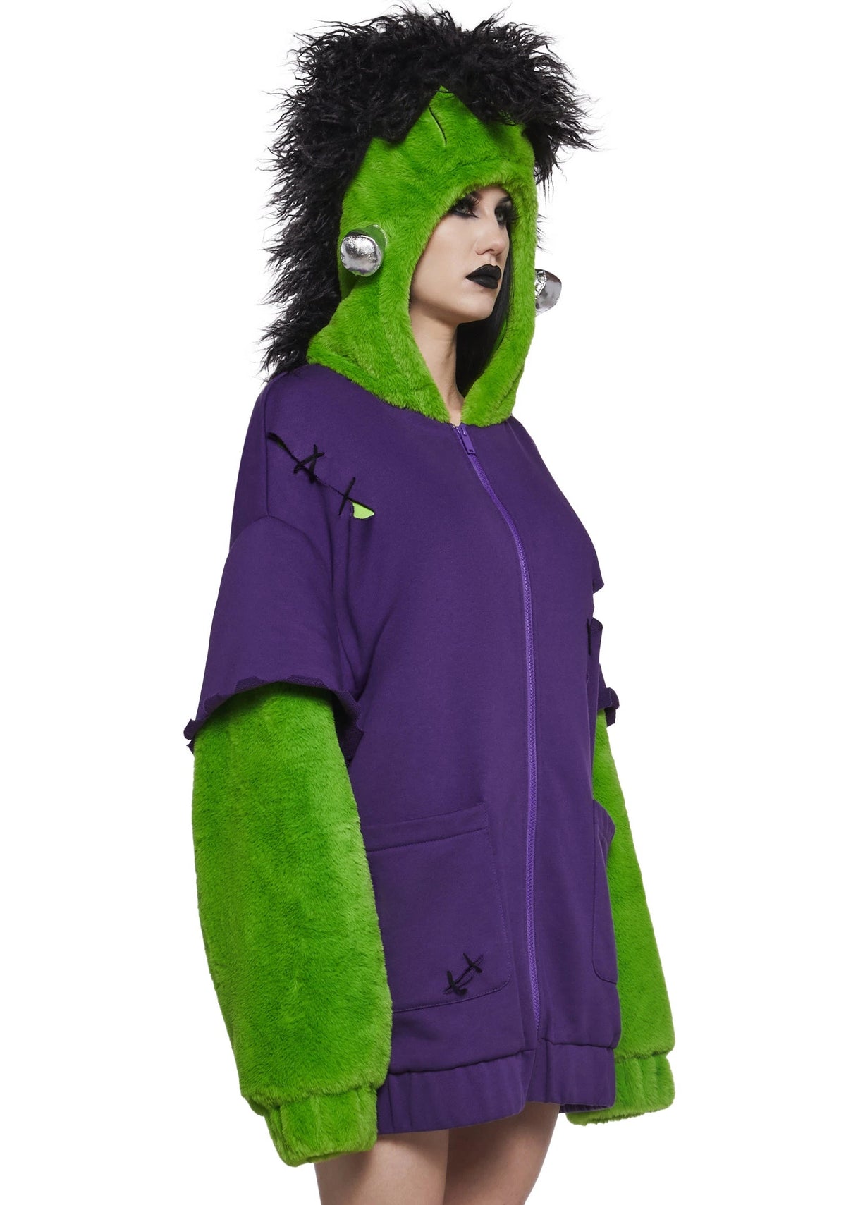Monster Hood Faux Fur Sleeve Hoodie Costume - Purple