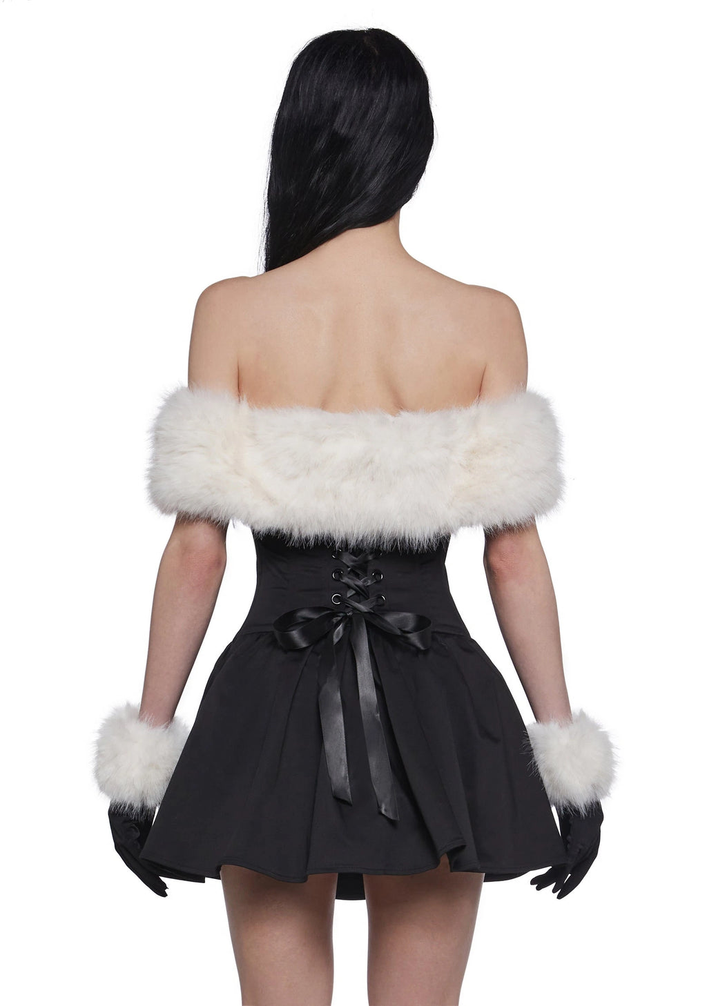Off-Shoulder Faux Fur Mini Dress Set - Black