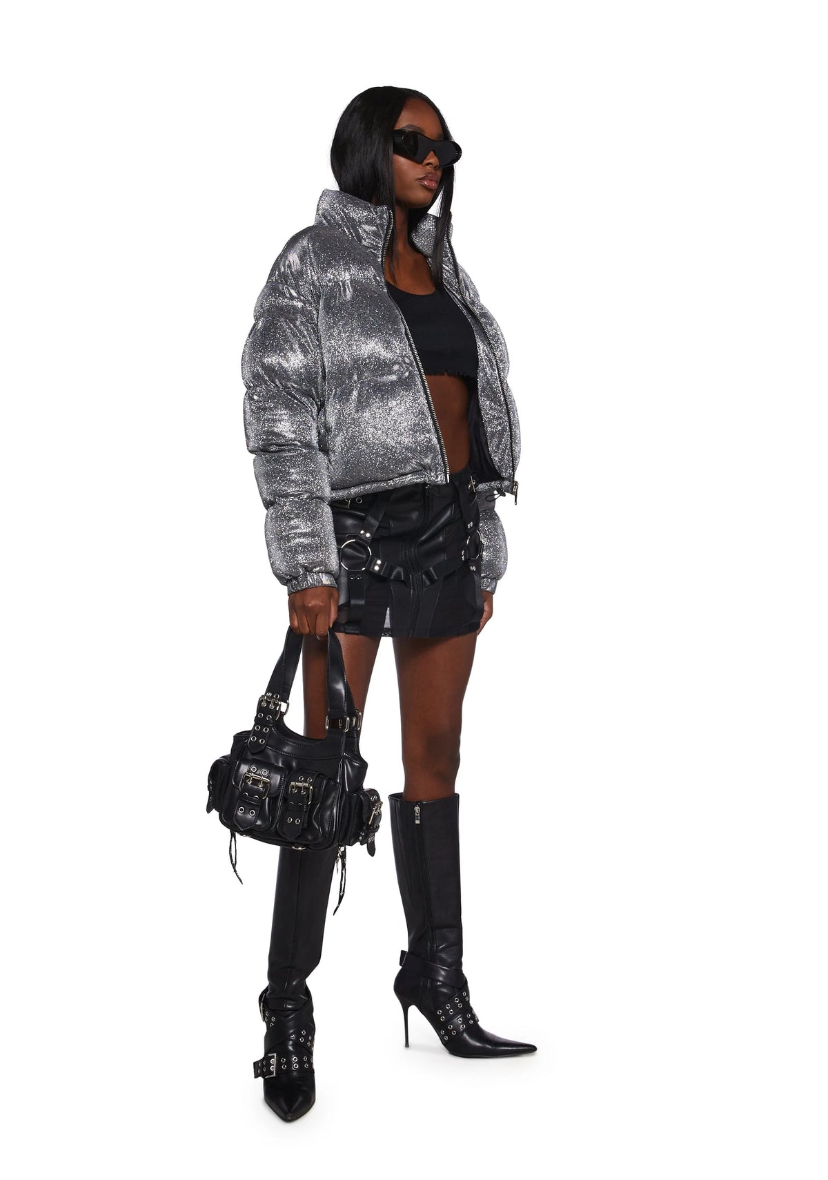 Sparkly Cropped Puffer Jacket - Silver