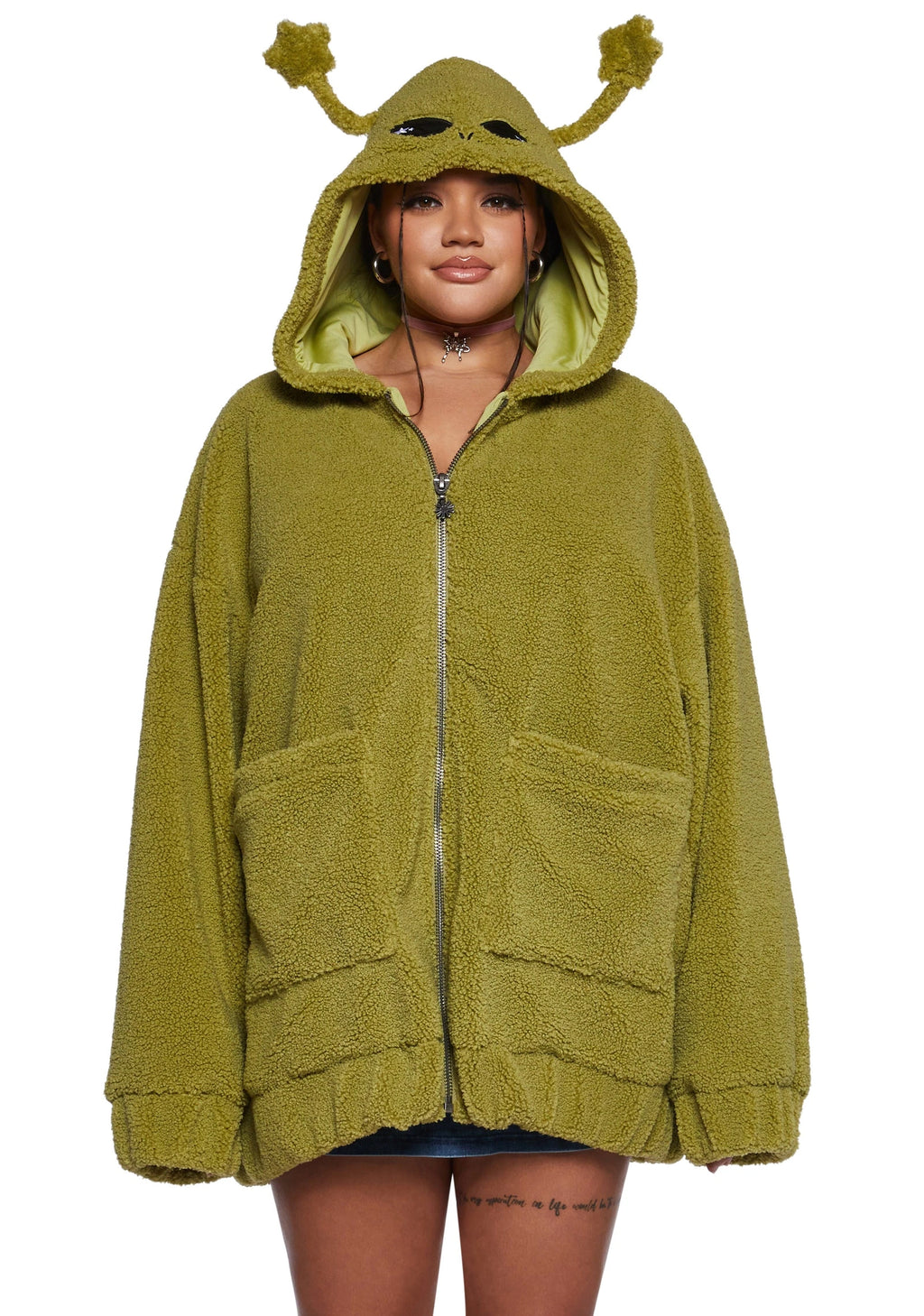 Hooded Sherpa Jacket With Alien Motif - Green