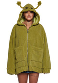 Hooded Sherpa Jacket With Alien Motif - Green