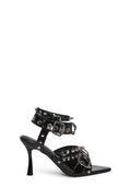 Studded Buckle Open-Toe Heels - Black