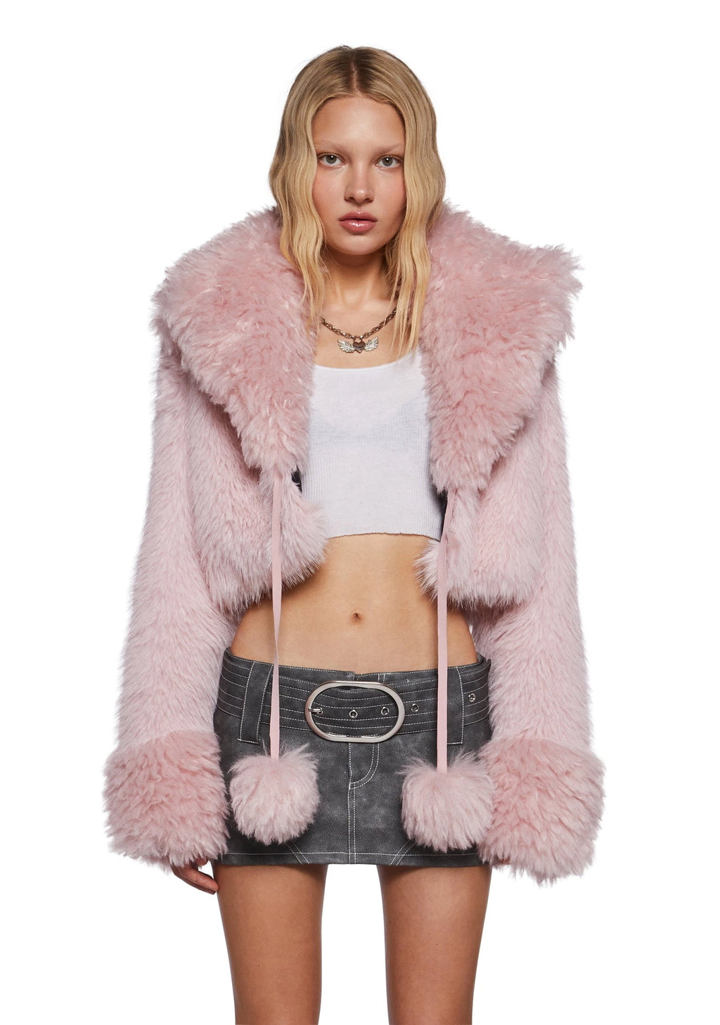Faux Fur Cropped Tie-Front Jacket - Light Pink