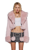 Faux Fur Cropped Tie-Front Jacket - Light Pink
