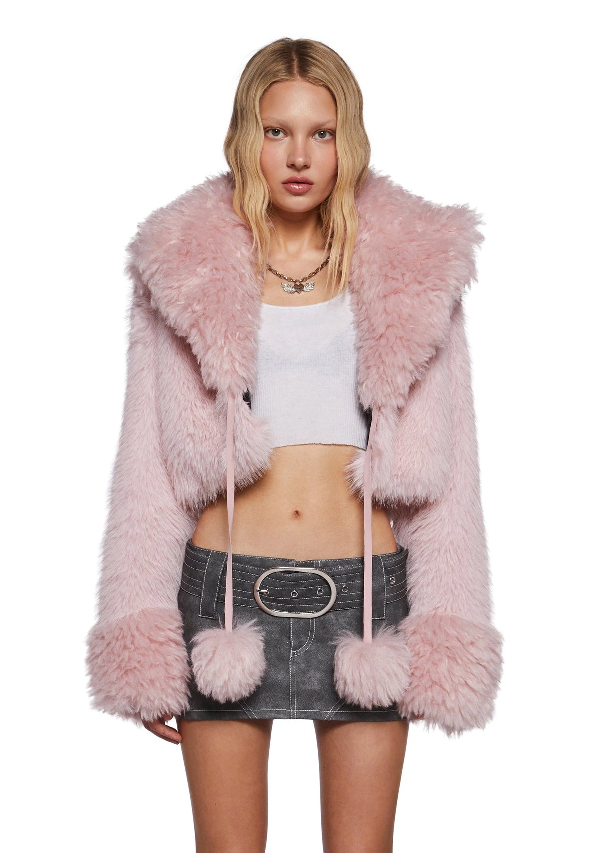 Faux Fur Cropped Tie-Front Jacket - Light Pink