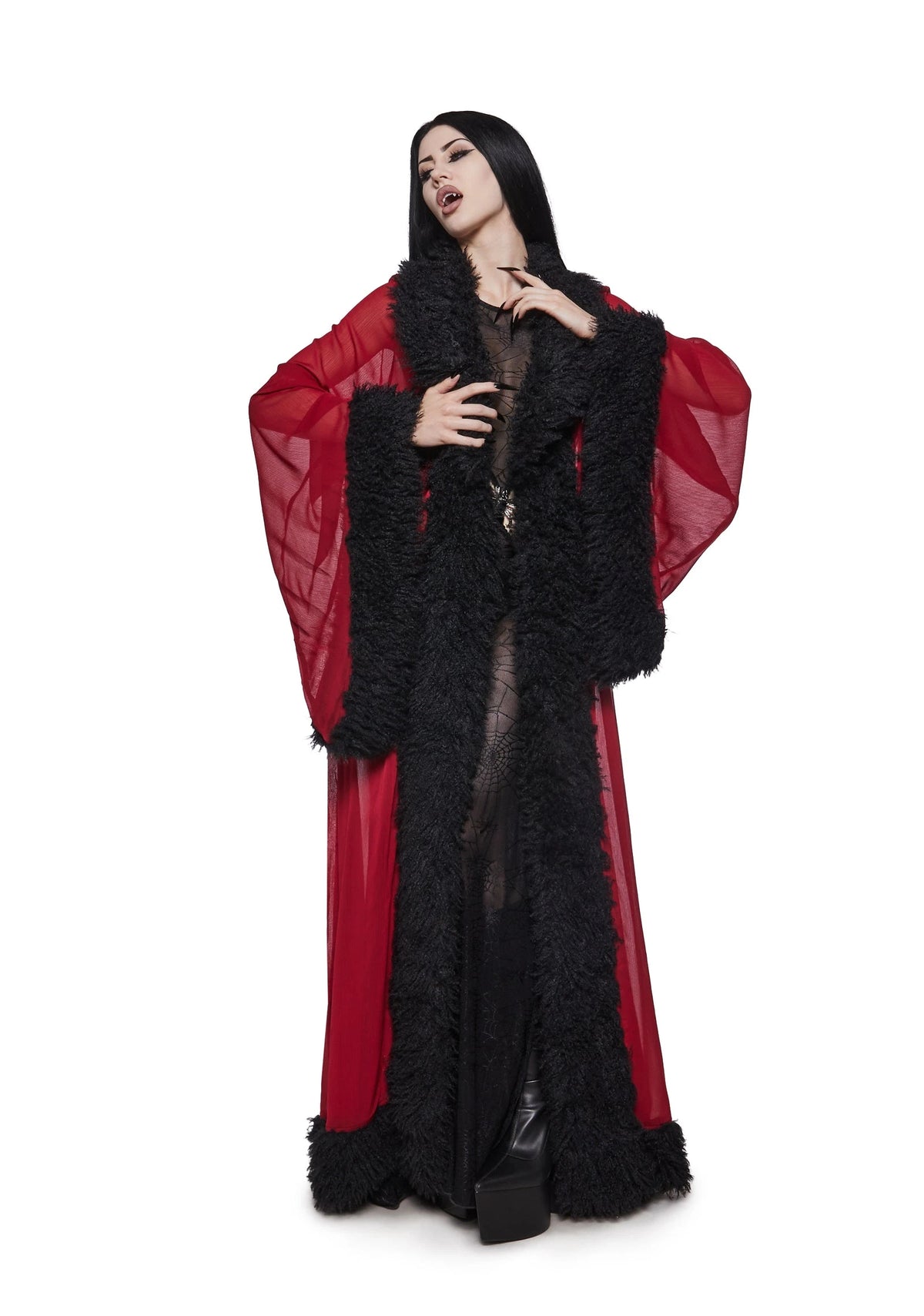 Sheer Faux Fur Trim Maxi Robe - Dark Red