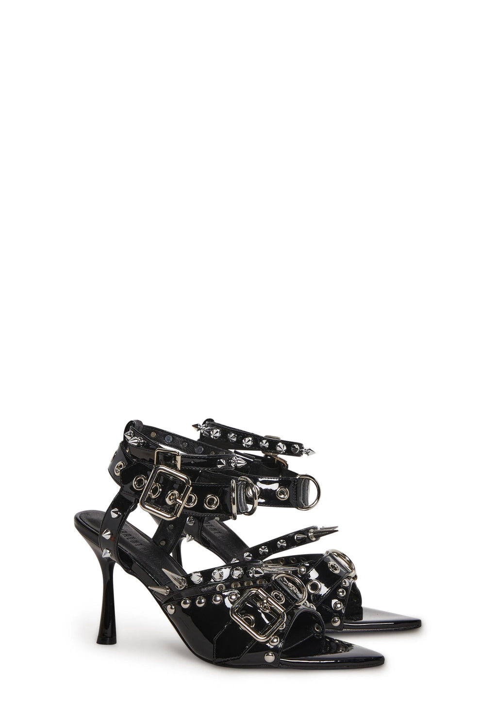 Studded Buckle Open-Toe Heels - Black