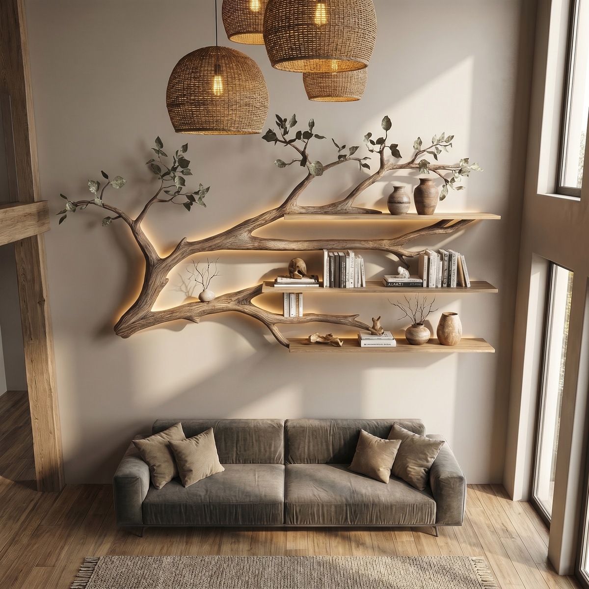 Rustic Tree Branch Floating Shelf Living Room