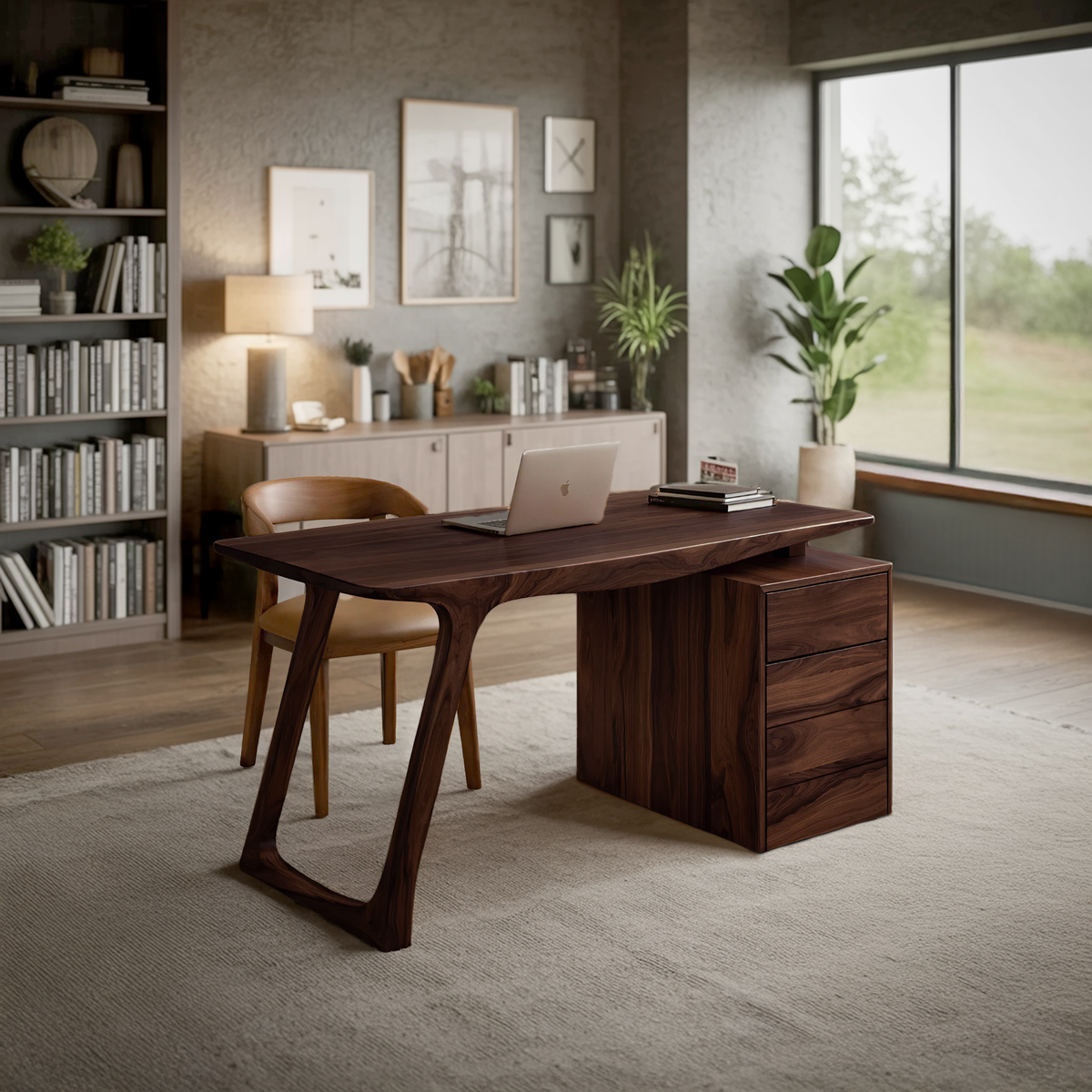 Contemporary Live Edge Office Desk With Storage Cabinet For Workspace